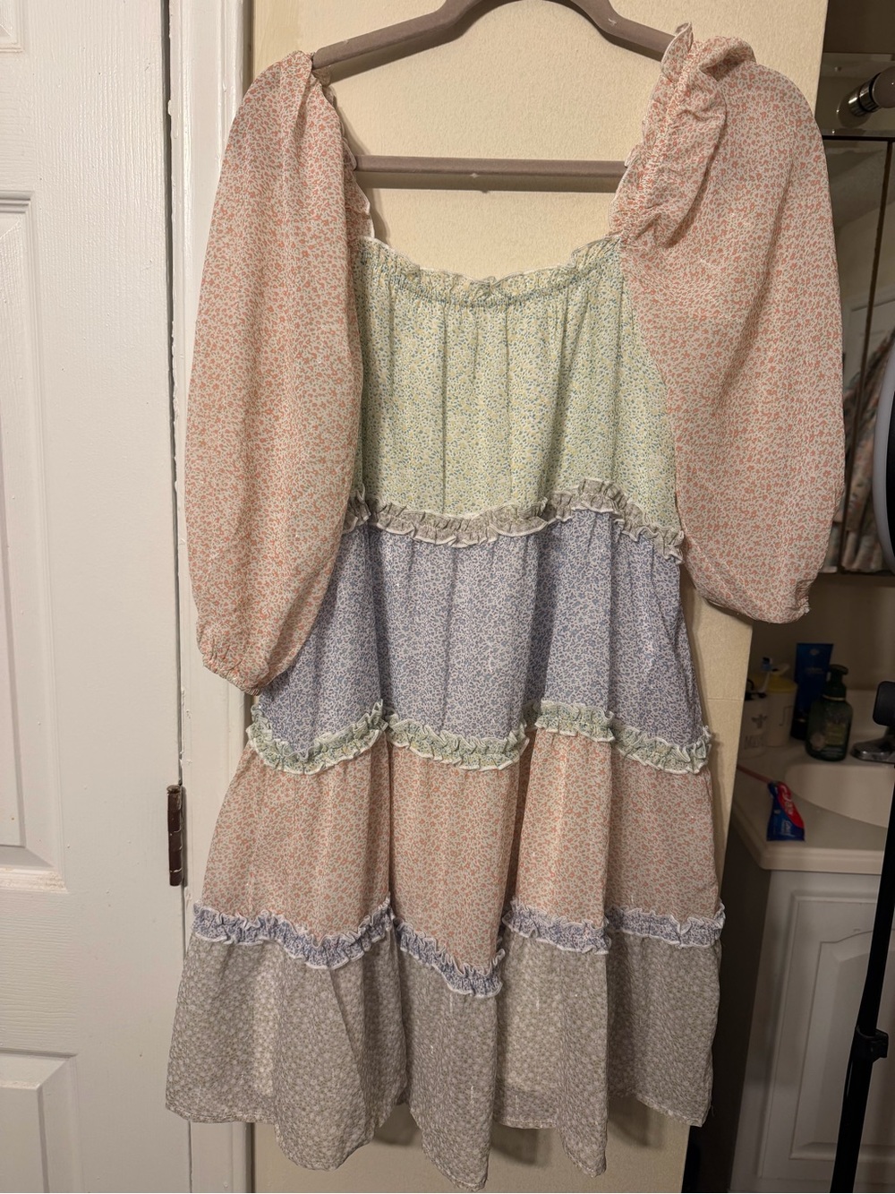 Storia Pastel Patchwork Tiered Sundress in Green, Blue, Pink, Cream